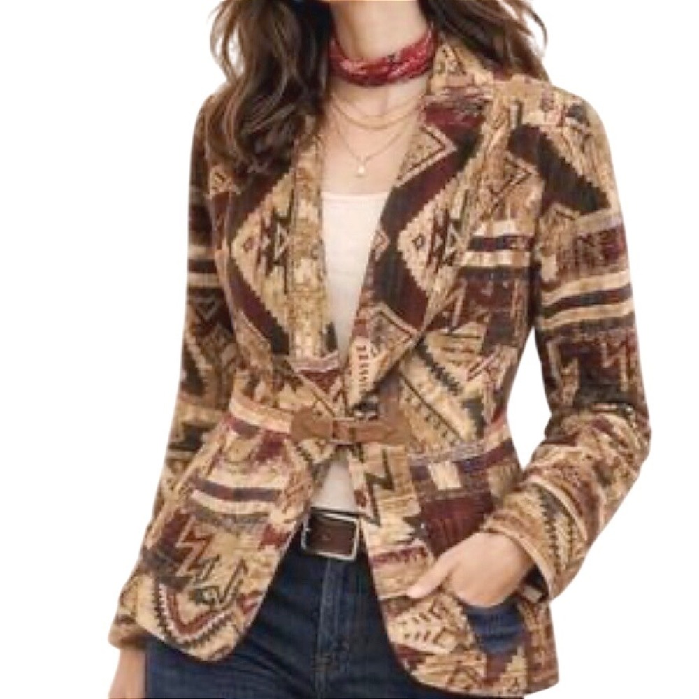 Lauren Ralph Lauren Southwestern Tapestry Buckle Brown Jacket Shawl Collar XL